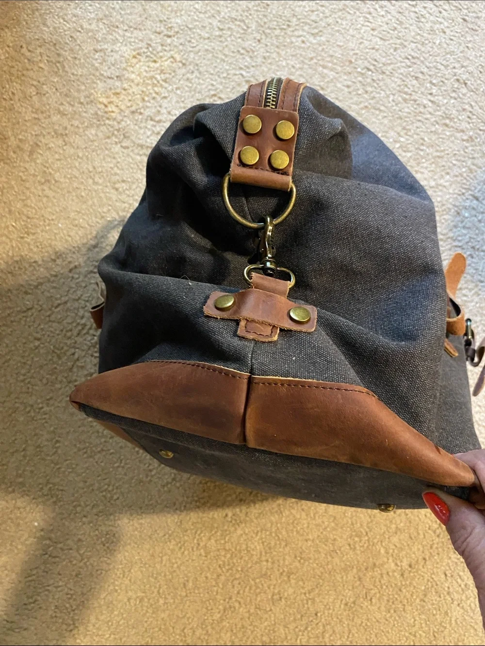 S-Zone Classic Gray Canvas Duffel with Brown Leather Accents